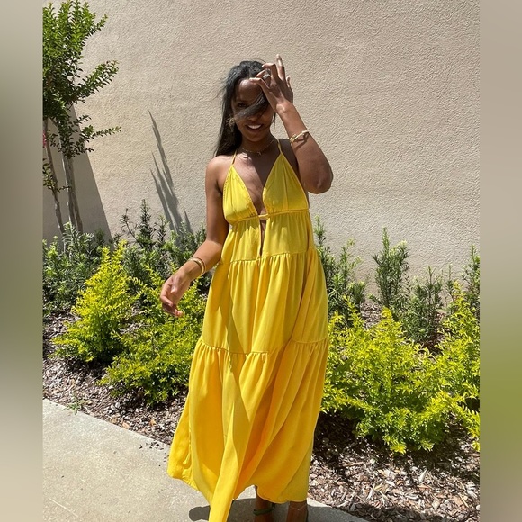 Cut-out yellow split thigh ruffles Hem cami dress. Wore once. - Picture 2 of 2